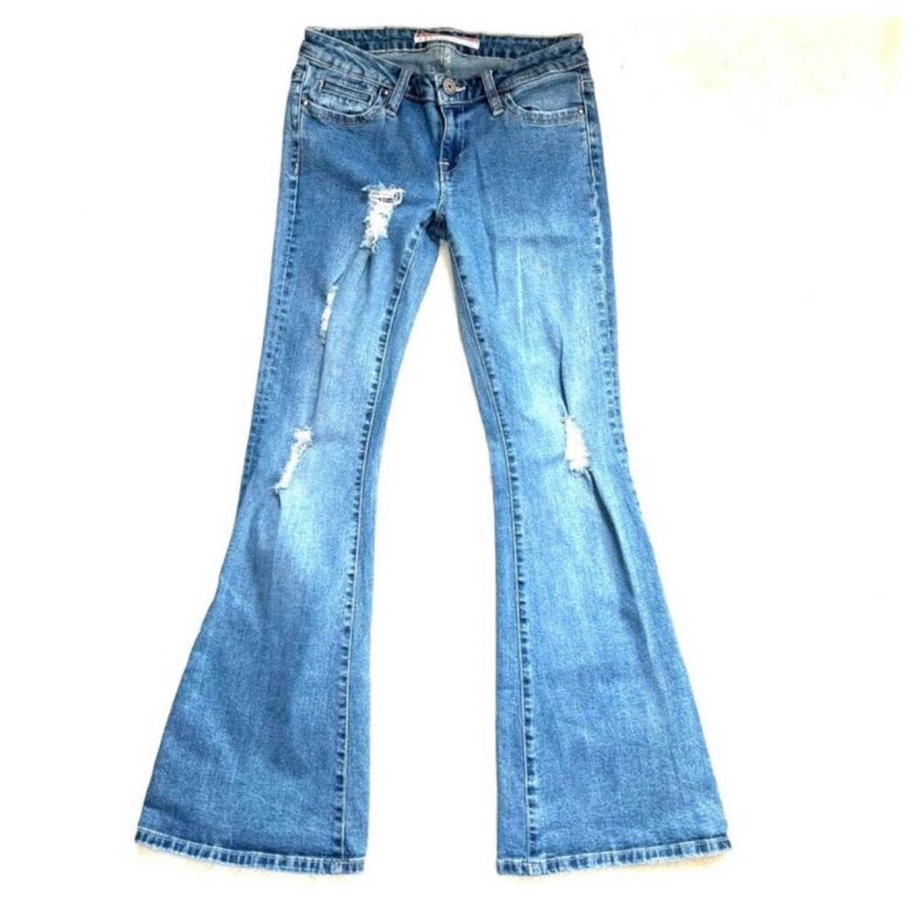 Standards and Practices Distressed Holey Bell Bottom Flare Blue Jeans